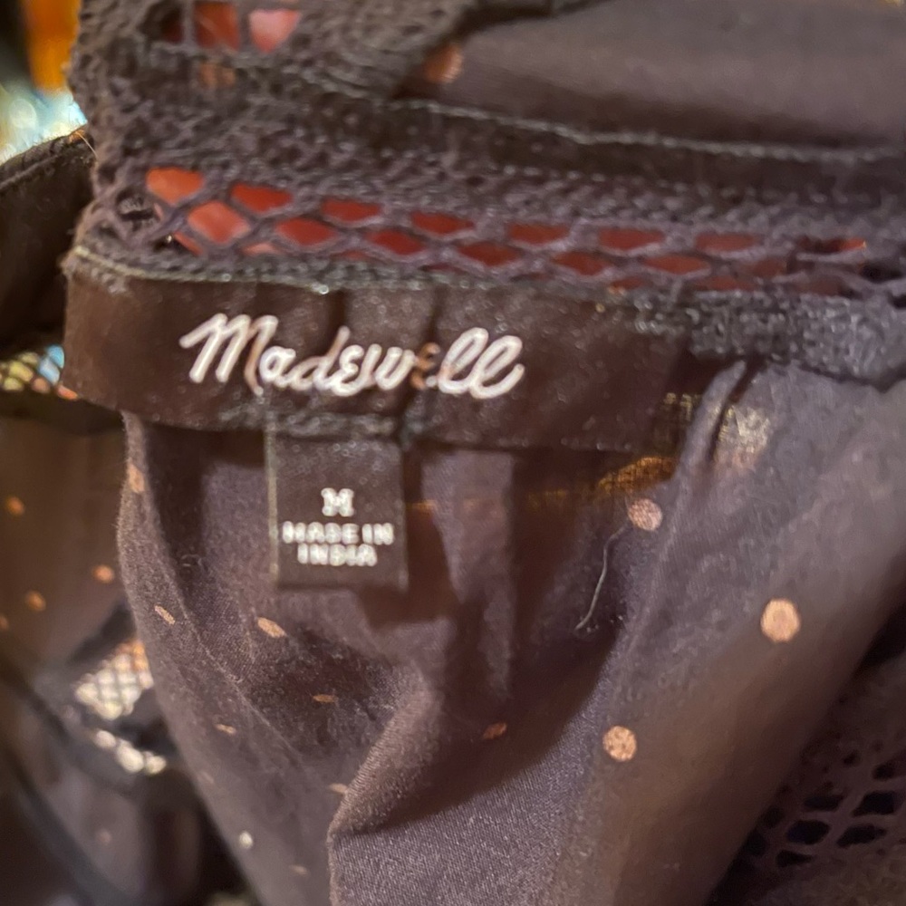 Madewell Voile Ruffled Pintuck L/S Cotton Top Black Polka Dot Print Size M NWOT - Picture 11 of 12